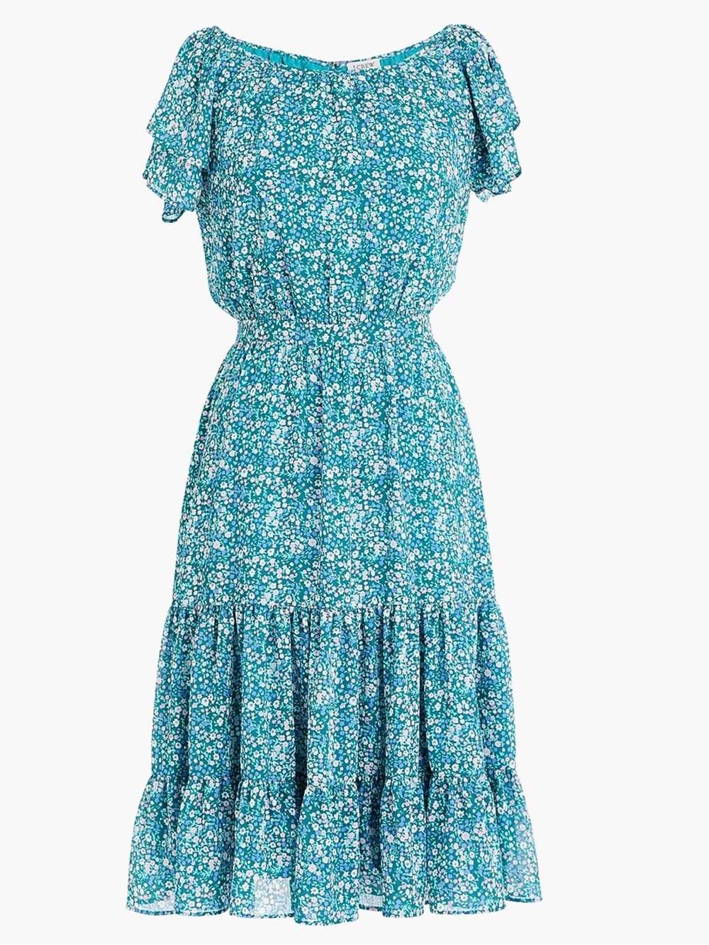 NWT This teal floral J.Crew tiered midi dress features delicate flutter sleeves
